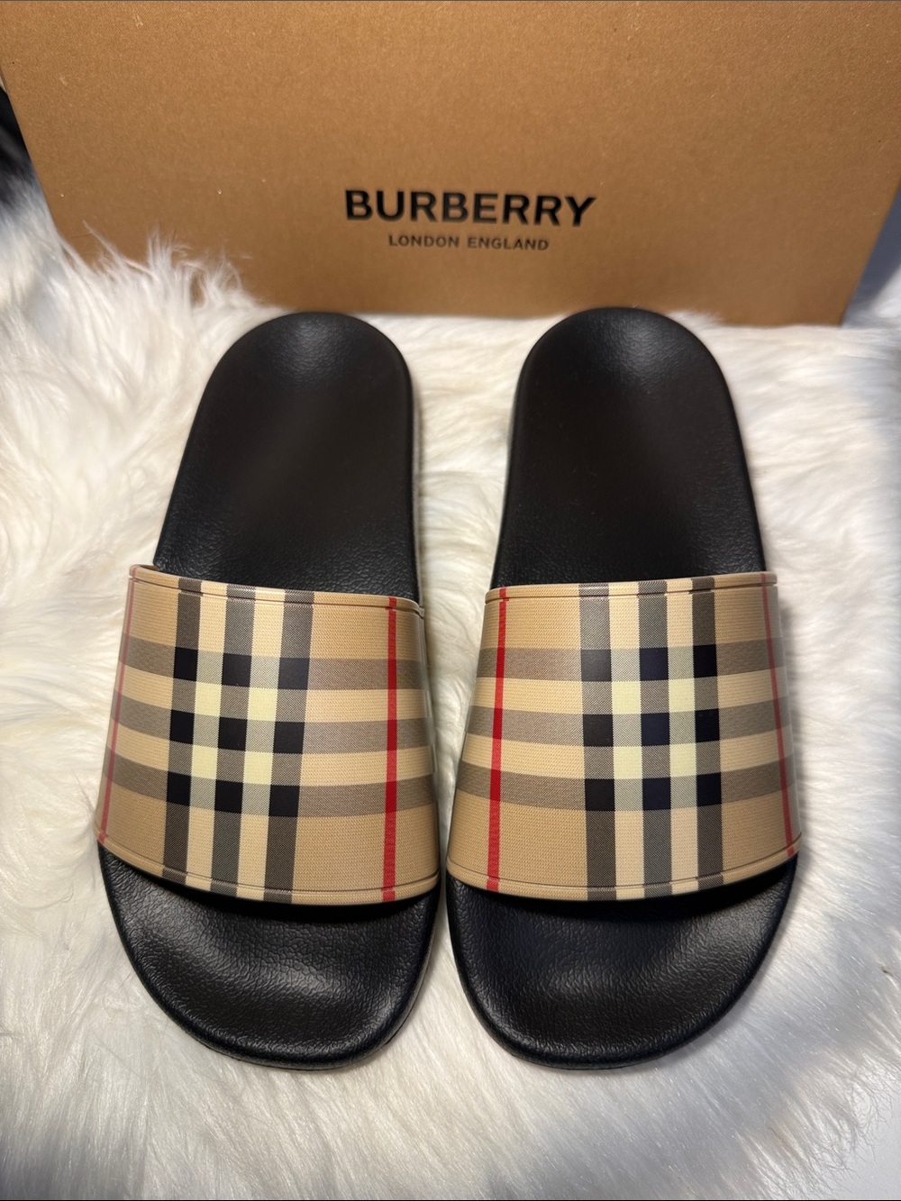 Burberry Black Footbed FURLEY Check Pool Slide Sandals with Beige Straps